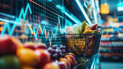 Grocery shopping basket with fresh produce in supermarket, financial chart in background.