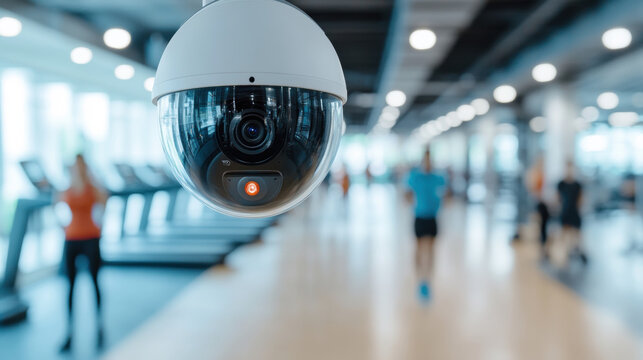 A CCTV camera captures a gym workout session, showcasing high fidelity quality in a dynamic setting. - Powered by Adobe
