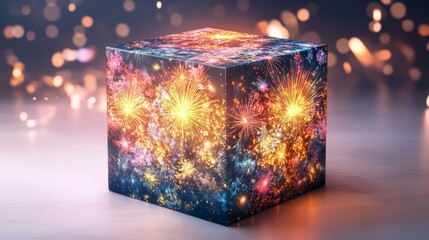 A 3D-rendered firework box with intricate sparkler illustrations, rendered in vibrant colors, placed against a smooth white background with gentle lighting 