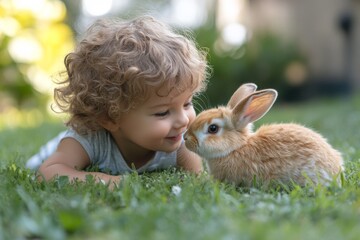Cute toddler interacts lovingly with a playful rabbit in a sunny garden setting