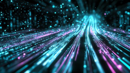 Fototapeta premium Abstract digital data stream with neon blue and purple lines symbolizing fast connection and modern technology in a futuristic cyber environment.