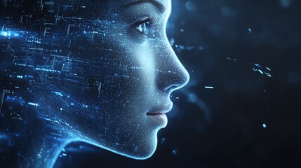 Digital concept of a futuristic human-like profile with a glowing blue interface, representing AI and technology innovation in a digital world.