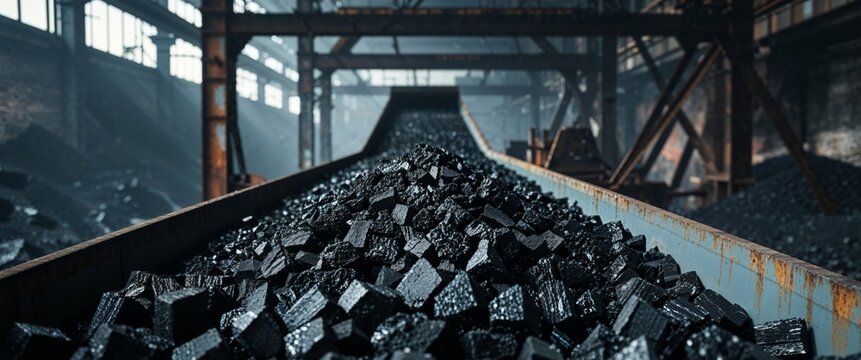 Coal mining conveyor filled with black coal chunks in an industrial landscape.