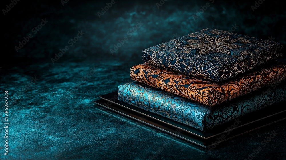 Poster Three harmoniously stacked kanok pattern fabrics artistic setting textile display serene environment close-up view