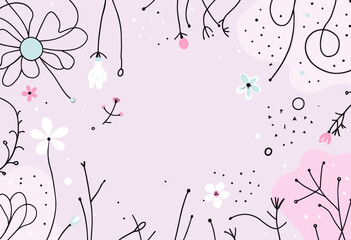 a variety of flowers and plants, including a large blue flower, pink flowers, and black and white plants, all set against a light purple background.