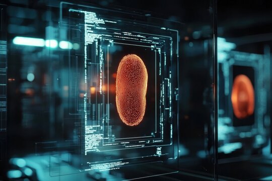 Futuristic biometric fingerprint scan in high-tech interface