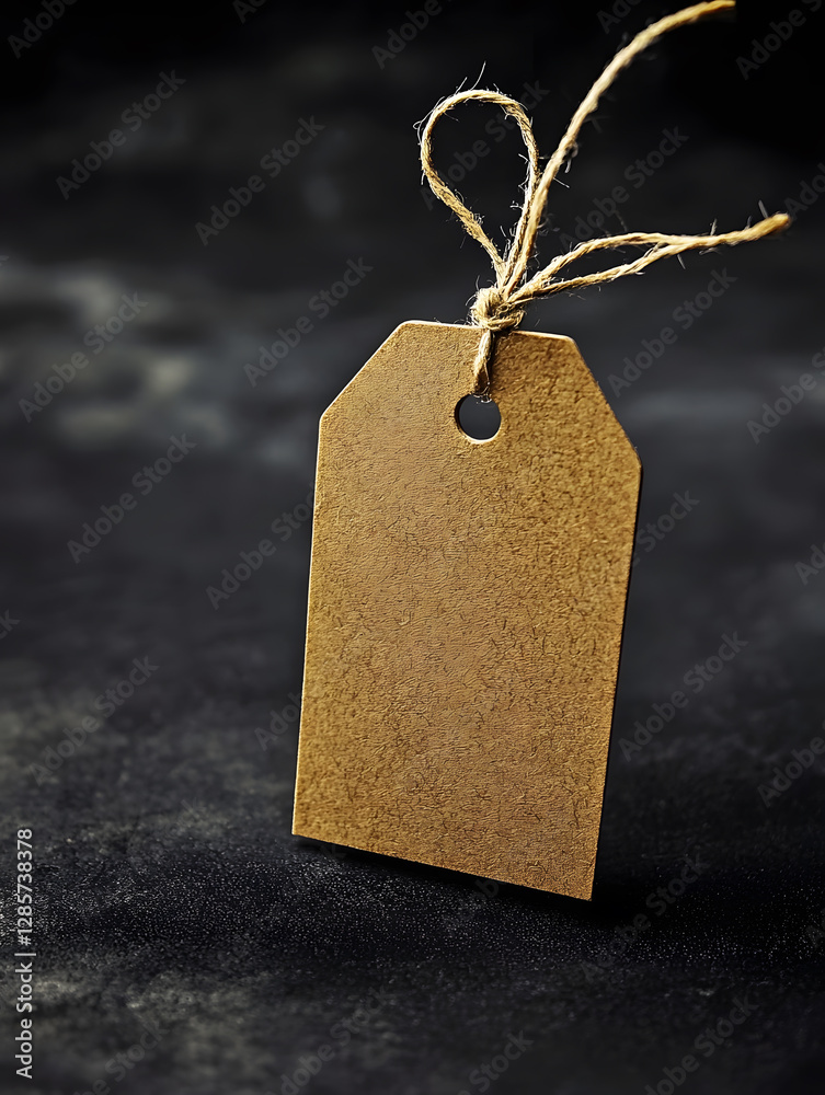 Aufkleber Blank brown kraft paper tag with string rope on dark textured background for rustic styling : Generative AI