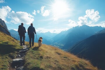 Hikers enjoy a sunny day in the Swiss mountains with their dog while exploring a scenic trail