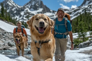 Happy dogs and hikers exploring a mountain trail with flowing water and stunning scenery in summer