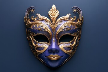 A Decorative Venetian Mask Displays Ornate Gold and Blue Details