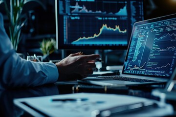 Cyber trader monitoring stock market fluctuations on a digital interface