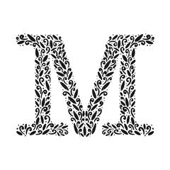 Floral botanical alphabet. Vintage hand drawn monogram letter M. Letter with plants and flowers. Vector lettering isolated on white