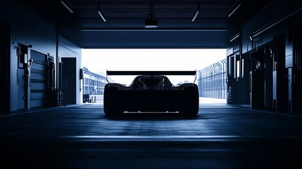 Silhouette of a race car in a dimly lit garage, ready for the race track.