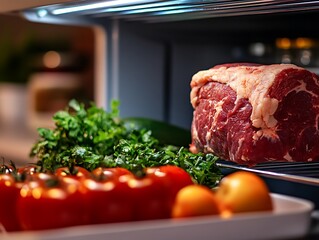Fresh raw ribeye and produce stored within a refrigerator