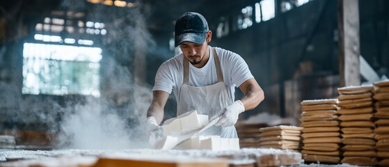 Craftsman making tofu, factory, steam