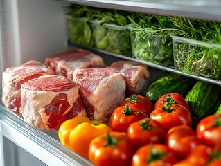 A refrigerator interior is filled with raw meat and vegetables
