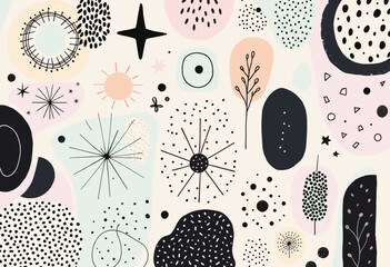 a variety of abstract shapes and designs, including circles, ovals, and lines, in a range of pastel colors such as pink, blue, and black.