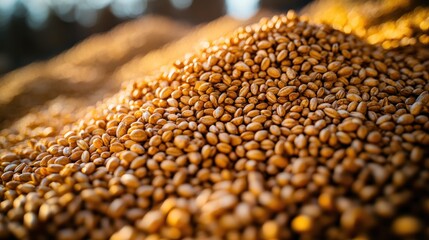 Obraz premium Golden Wheat Pile Outdoors, Sunlight on Harvested Grain