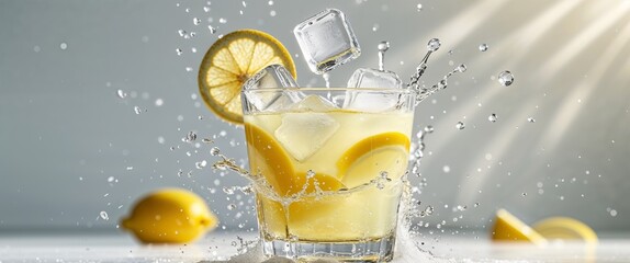 Exhilarating Splash of Ice Cubes in Glass of Fresh Lemonade with Dynamic Motion and Refreshing Droplets.