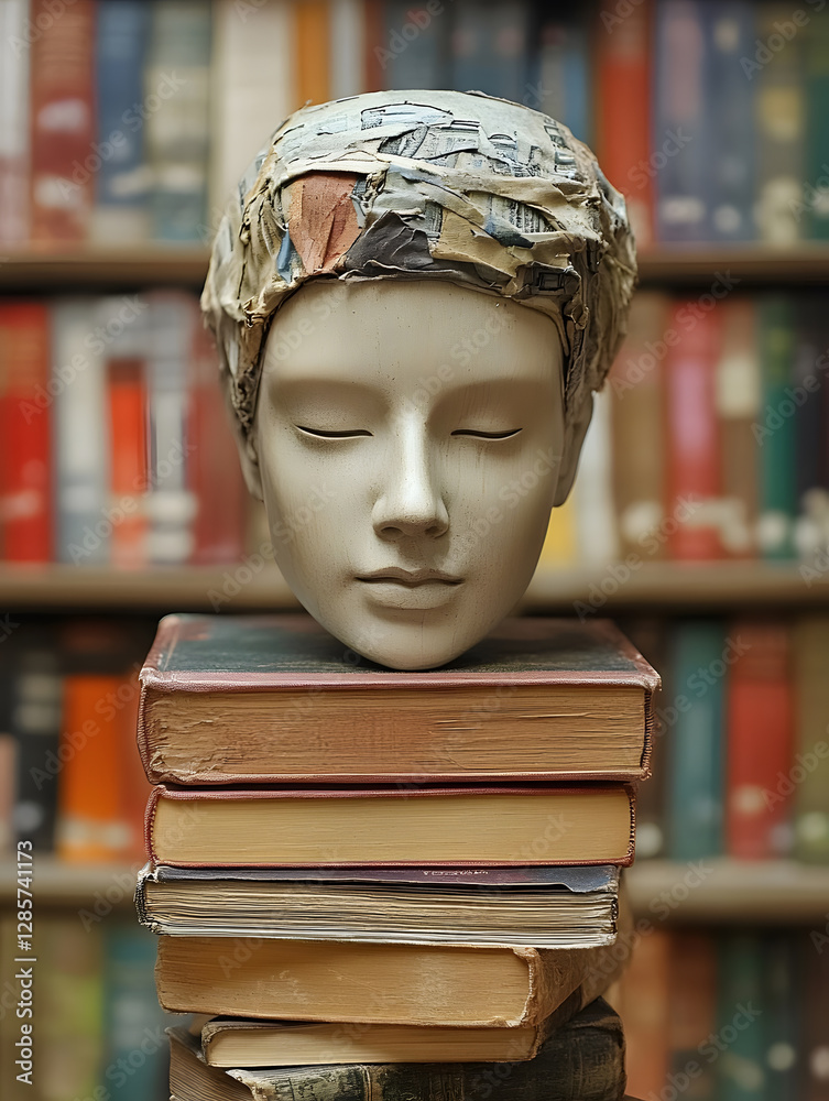 Poster Artistic Sculpture Head on Books in Library Setting for Knowledge and History : Generative AI