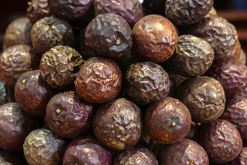 Closeup of fresh ripe Passion Fruits on a market stall