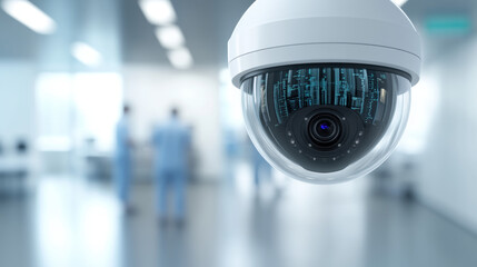 A high-fidelity image of a security camera positioned in a hospital corner for surveillance purposes.