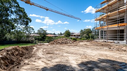 Crane lifts at building site, suburban homes