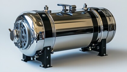 A Polished Steel Cylindrical Vessel Resting Upon Black Legs