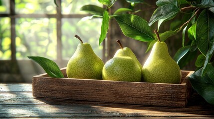 Three pears in a wooden tray on a wooden table