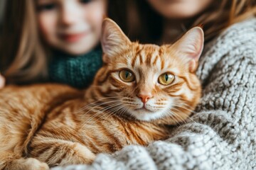 Child enjoys time with a loving orange cat while sitting comfortably indoors in a cozy setting
