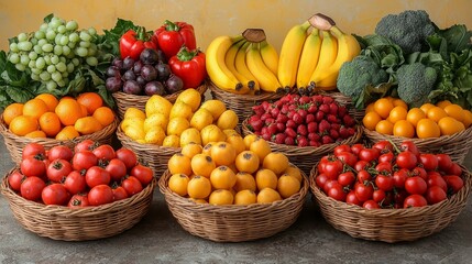 A variety of fruits and vegetables in baskets on a table