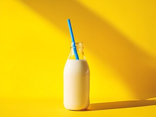 A glass bottle of milk with a blue straw