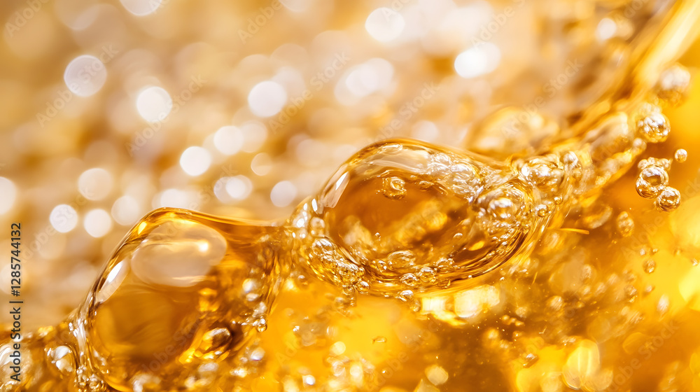 Poster Close-Up of Golden Oil Bubbles Creating Patterns of Light and Texture : Generative AI