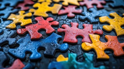 Colorful puzzle pieces, close-up, diverse, interconnected