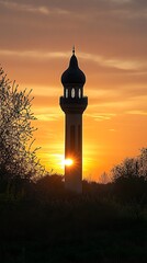 A tall minaret is silhouetted against the beautiful sunset