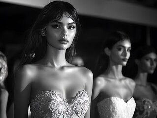 Fashion models stand in a line ready for the fashion show