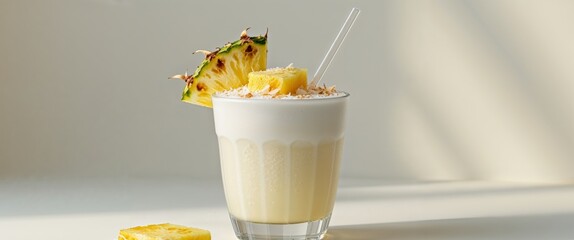 Refreshing Tropical Coconut Beverage with Topping of Fresh Pineapple and Shredded Coconut