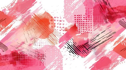 Abstract artistic seamless pattern of pink and red brush strokes, geometric shapes, and dots on a white background.  Use Background design, print design