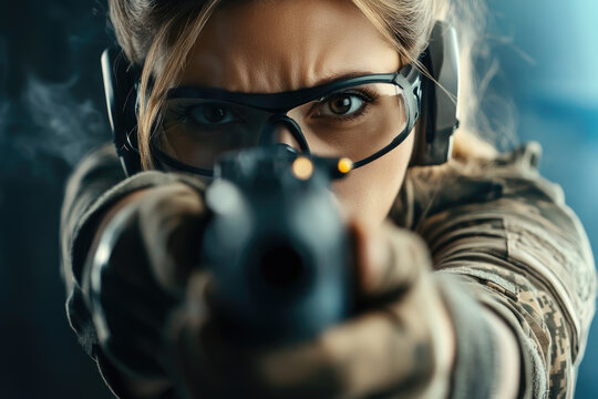 Intense shooting practice session indoor range action photography tactical environment close-up viewpoint on precision