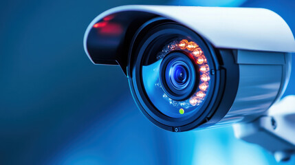 close-up of a modern security camera with infrared night vision LEDs glowing. The sleek, high-tech design highlights surveillance, safety, and monitoring in a futuristic blue-lit environment
