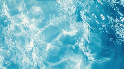 Obraz premium Transparent blue clear water surface texture with ripples, splashes and bubbles. Abstract summer banner background Water waves in sunlight with copy space Cosmetic moisturizer micellar toner emulsion