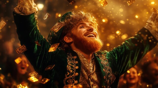 Whimsical Leprechaun Dancing in Irish Village at Sunset with Ale, Pot of Gold, Lanterns, Fairy Lights, Green Banners, Fiddlers, and Dancers