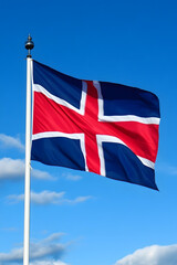 Iceland Flag Fluttering Against a Clear Blue Sky with Puffy White Clouds : Generative AI