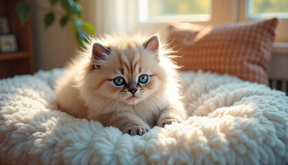 Fluffy Himalayan kitten with bright blue eyes lounging on a plush cushion in a cozy room setting