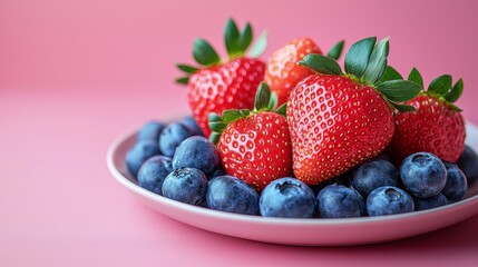 Obraz premium A plate of strawberries and blueberries on a pink background