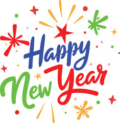 Happy New Year! Vector Holiday Template. Festive Background. Calligraphy Greeting Card. Isolated Red Text with Frame for Xmas Banner, Postcard, Event Invitation, Poster. Hand Drawn Lettering.