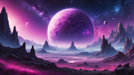 A cosmic scene with a large, purple planet featuring intricate surface details, the background being filled with a starry nebula in shades of purple and pink, enhancing the otherworldly atmosphere