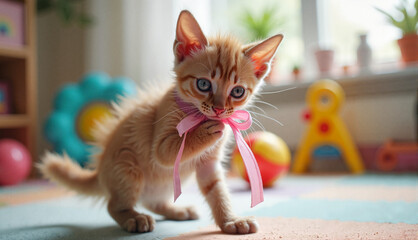 Playful kitten  engaging with a ribbon in a bright children's playroom