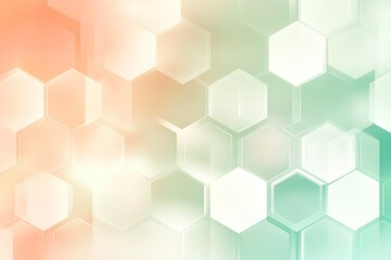 Fototapeta premium A geometric soft light background featuring a seamless hexagonal grid in pastel colors like mint green and light coral. Gradients flow softly between shapes, with a faint glow effect adding elegance.