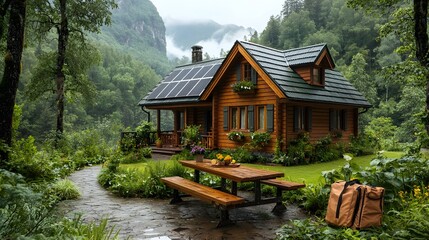 Obraz premium Sustainable wooden house with solar panels on the roof blending harmoniously into a peaceful and serene forest landscape Plenty of copy space included for your design or text overlay